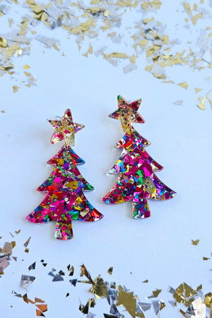 CHRISTMAS TREE EARRINGS PINK SPARKLE