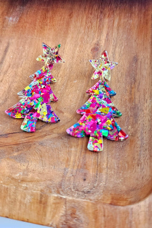 CHRISTMAS TREE EARRINGS PINK SPARKLE