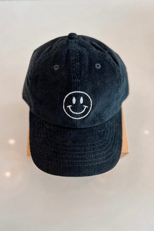HAPPY FACE EMBROIDERED CORDUROY CAP BLACK